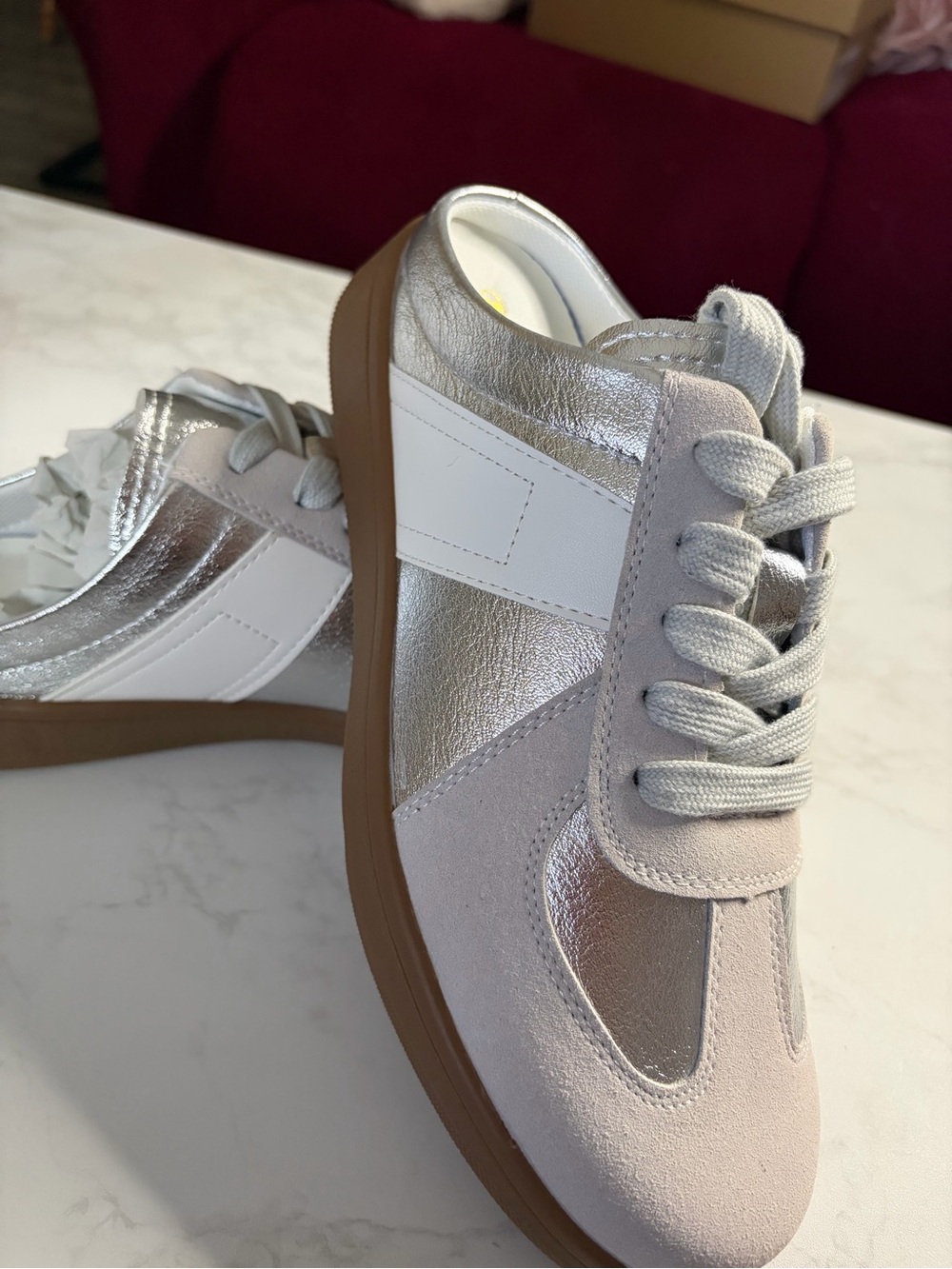 Women’s Silver & White Low-Top Sneakers with Gum Sole